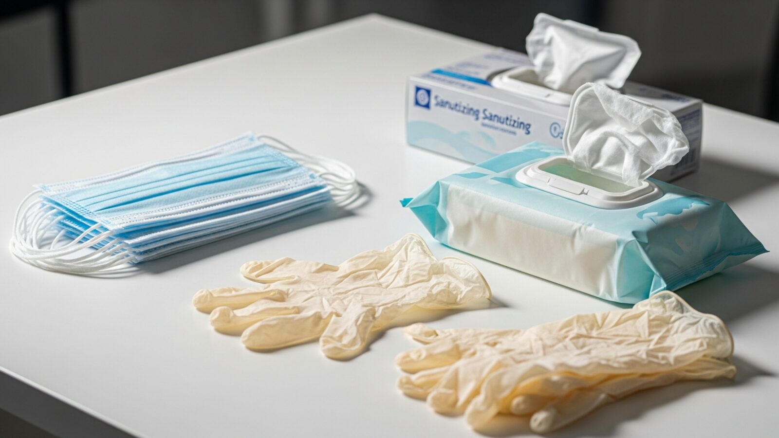 Insumos médicos: cubrebocas, guantes y toallitas sobre mesa blanca