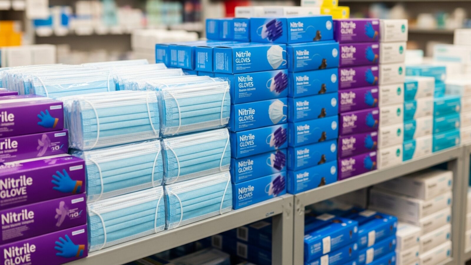 Cajas de cubrebocas y guantes de nitrilo en la tienda