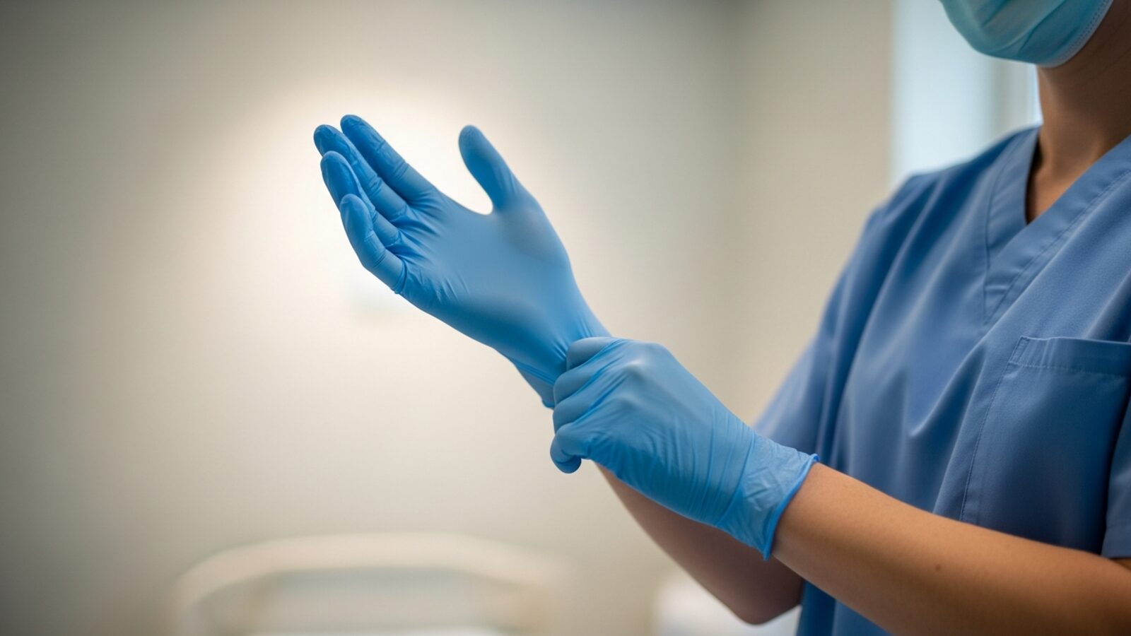 Personal de salud colocándose guantes de látex azules