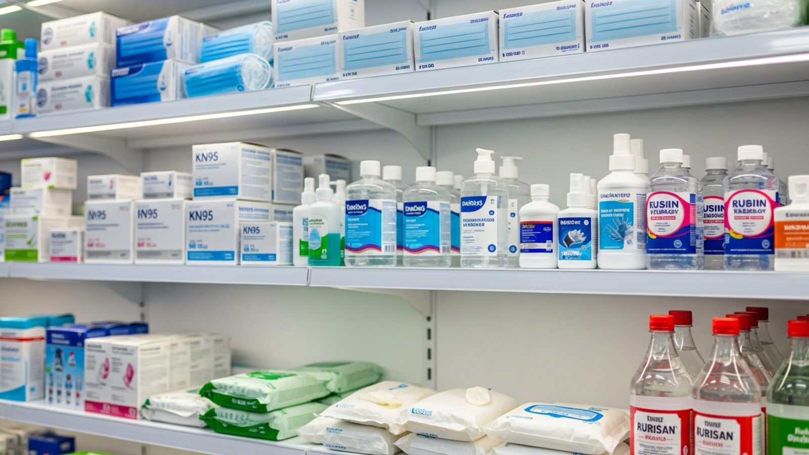 Anaquel de farmacia con insumos de protección médica